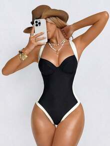 Shapewave Traje de baño de una pieza con control de abdomen, con abertura lateral, push-up y efecto estilizante, en marrón y beige para mujer - Blanco y Negro - Ver 6