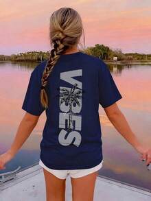 Women's Short-Sleeved T-Shirt With A Round Neck, Featuring A Minimalist Coconut Tree Print And Slogan. Simple And Versatile, Suitable For Everyday Wear And Vacations. Graphic T-Shirt, Women's, White, Black, Pink, Summer - 海軍藍 - 查看 6