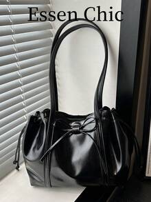 1pc Black Vintage Minimalist Solid Color PU Tote Bag, Large Capacity Women Shoulder Bag, Autumn/Winter - Black - View 7