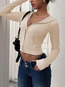 Chaqueta Corta con Capucha y Cordón Ajustable de Color Sólido para Mujer, Ropa de Otoño Invierno para Mujer - Blanco - Ver 6