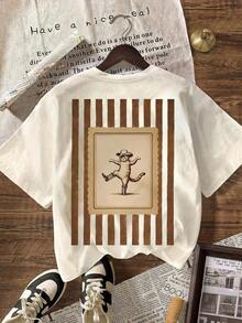 Camiseta de Mujer con Estampado Divertido de Ganso Vaquero del Oeste, Manga Corta, Cuello Redondo, Estilo Casual, Top de Verano - Albaricoque - Ver 4