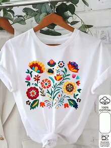 Nueva camiseta de cuello redondo para mujer, manga corta, holgada, casual y versátil con ‌ estampado de flores de moda ‌ , tejido suave y de buena caída - Blanco - Ver 1