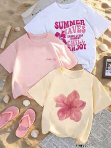 Set de 3 camisetas de manga corta con cuello redondo y estampado floral minimalista y elegante de verano, versátil para uso diario y casual para mujeres en color rosa - Blanco - Ver 1