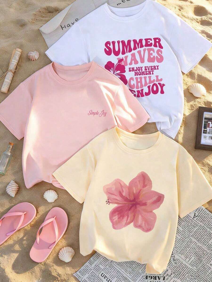 Set de 3 camisetas de manga corta con cuello redondo y estampado floral minimalista y elegante de verano, versátil para uso diario y casual para mujeres en color rosa - Blanco - Ver 1