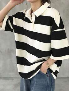 Camiseta holgada a rayas para mujer, cuello polo, manga corta, ropa casual de verano, ropa para la vuelta al cole. - Negro - Ver 12