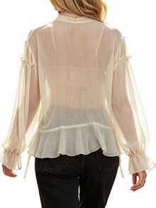 Women's Sheer Ruffle Tops Fashionable Solid Color V Neck Long Sleeve Tie Front Loose Blouse - Apricot - View 5