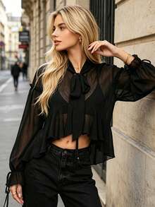 Women's Sheer Ruffle Tops Fashionable Solid Color V Neck Long Sleeve Tie Front Loose Blouse - Black - View 2