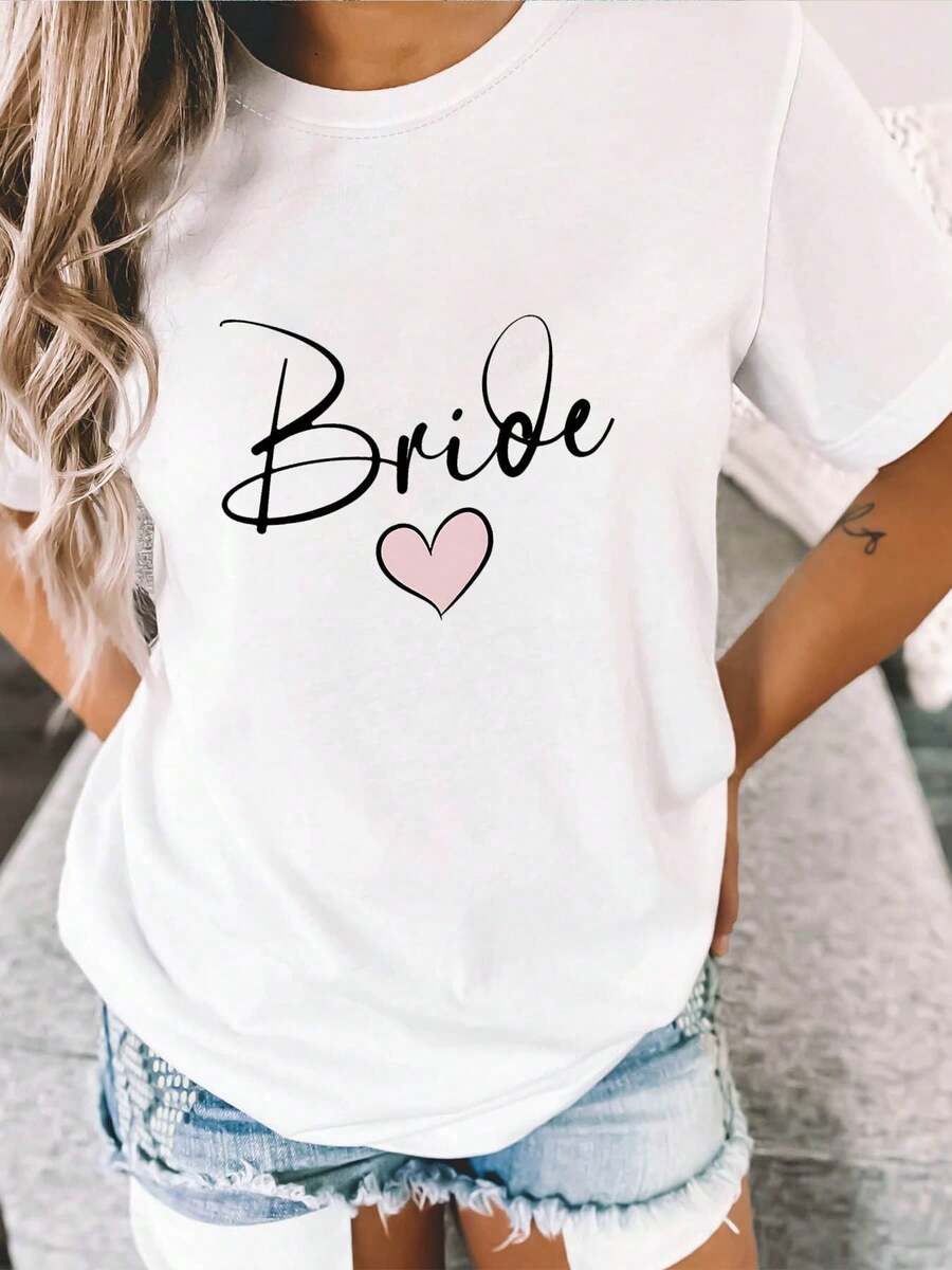 Women's Short-Sleeved T-Shirt With Wedding Bride Print, Round Neck, Spring/Summer. - White - View 1