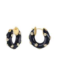 Women's Gold-Plated Hoop Earrings, Black Enamel Inlaid Zirconia, Minimalist Classic Design, Suitable For Daily Commute And Workwear, An Ideal Gift For Fashion Enthusiasts - Gold - View 7