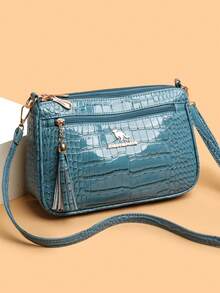 New Fashionable Crossbody Bag For Women, Faux Crocodile Embossed PU Material Shoulder Bag With Adjustable Detachable Strap, Metal Logo & Tassel Decor, Versatile For Daily, Work, Shopping - Blue - View 2