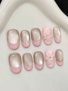 10 pièces Faux ongles ovales courts faits à la main pour les fêtes et le port quotidien, ongles roses, french rose dense œil de chat, ongles pressés minimalistes sculptés en ellipse, brillants et étincelants, faciles à porter. 10 pièces de faux ongles faits à la main Y2K, ongles d'été, style d'été, convient aux filles et aux femmes pour les festivals, les fêtes et le port quotidien - Rose bonbon - Voir 1