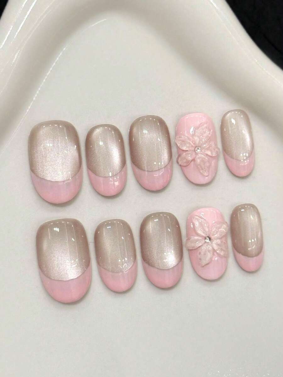 10 pièces Faux ongles ovales courts faits à la main pour les fêtes et le port quotidien, ongles roses, french rose dense œil de chat, ongles pressés minimalistes sculptés en ellipse, brillants et étincelants, faciles à porter. 10 pièces de faux ongles faits à la main Y2K, ongles d'été, style d'été, convient aux filles et aux femmes pour les festivals, les fêtes et le port quotidien - Rose bonbon - Voir 1