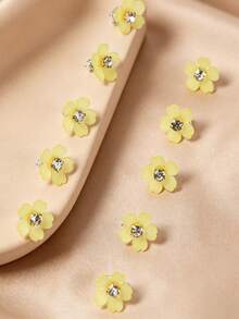 10pcs Yellow Flower Bead Hair Clips, Hair Accessories For Girls, Decorative Hair Clips For Festivals - Yellow - View 3