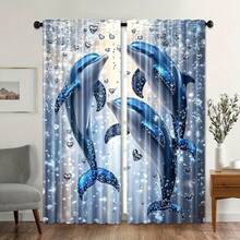 2 piezas de cortinas con estampado de delfines azules, crean una atmósfera marina, adecuadas para dormitorio o sala de estar, tela de poliéster lavable a máquina, estilo de bolsillo para barra, protección de privacidad, cortinas decorativas para todo el año - Multicolor - Ver 7