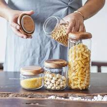 KEMORELA-contenedor de almacenamiento de alimentos transparente, tarro redondo de madera de Acacia para té, aperitivos de frutas secas, tarro de almacenamiento sellado de vidrio para cocina - L - Ver 2