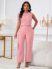 2 piezas de chaleco sin mangas y pantalones largos casuales para mujer con bolsillos en diagonal y detalles de botones, elegante para el verano - Rosa Pálido - Ver 7