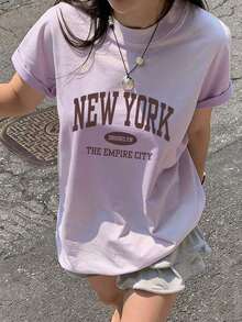 Women's Loose-Fitting Summer T-Shirt With Letter Print, Casual And Versatile For Everyday Wear. Graphic Tee, Perfect For Vacations. - 紫色 - 查看 5