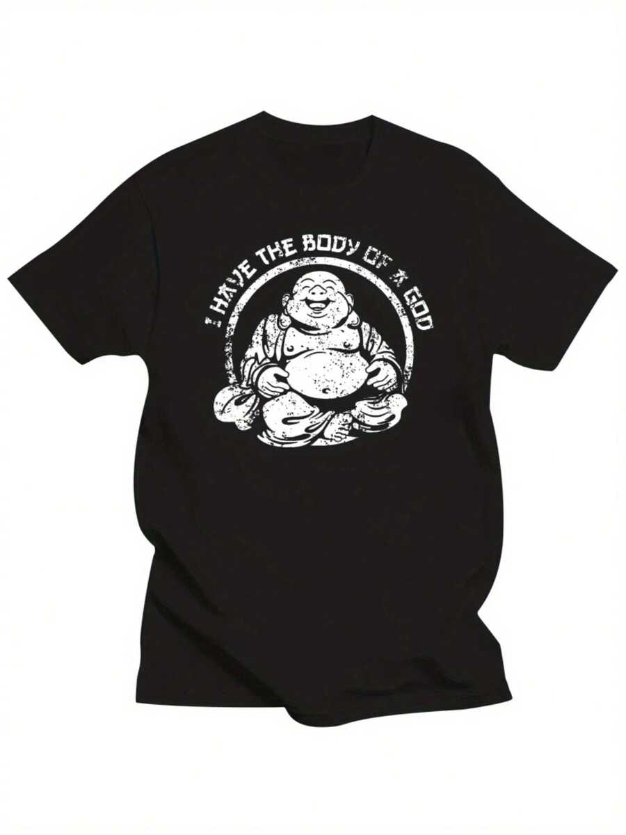 Men's Plus Size Buddha Funny T-Shirt "I Have The Body Of A God" - Plus Size Pride Graphic Tee, Black With White Lettering, Soft And Breathable Cotton, Regular Fit For Summer And Casual Wear, Humorous Clothing, PLUS SIZE - 黑色 - 查看 1