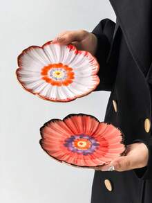 2件/4件渐变花卉陶瓷盘,手绘花瓣浮雕餐盘,家用小吃盘 - 彩色 - 查看 7
