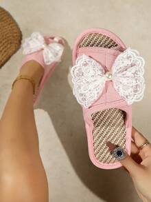 French Pearl Lace Bow Slippers, Women's Hook And Loop Soft Bottom Non-Slip House Slides - Pink - View 3