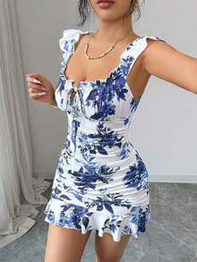 Vestido camisero con volantes en el bajo y hombros descubiertos, estilo vintage con estampado - Vestido entallado de línea A - Gris hierro - Ver 3