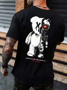 Manfinity Roughcore Hombres Camiseta con estampado de oso y letra - Negro 2 - Ver 8