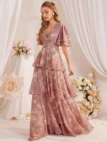 Women's Elegant Floral Print Layered Ruffle Hem Dress, Summer Vacation - 藕粉色 - 查看 12