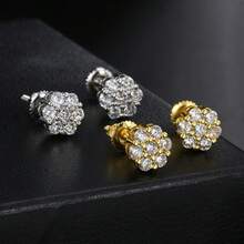 1 Đôi bông tai hình hoa, đính đá Zirconia đồng, kiểu dáng hip hop đính kim cương toàn bộ, thời trang đường phố, dành cho nam giới. - Hoa tai - Xem 5