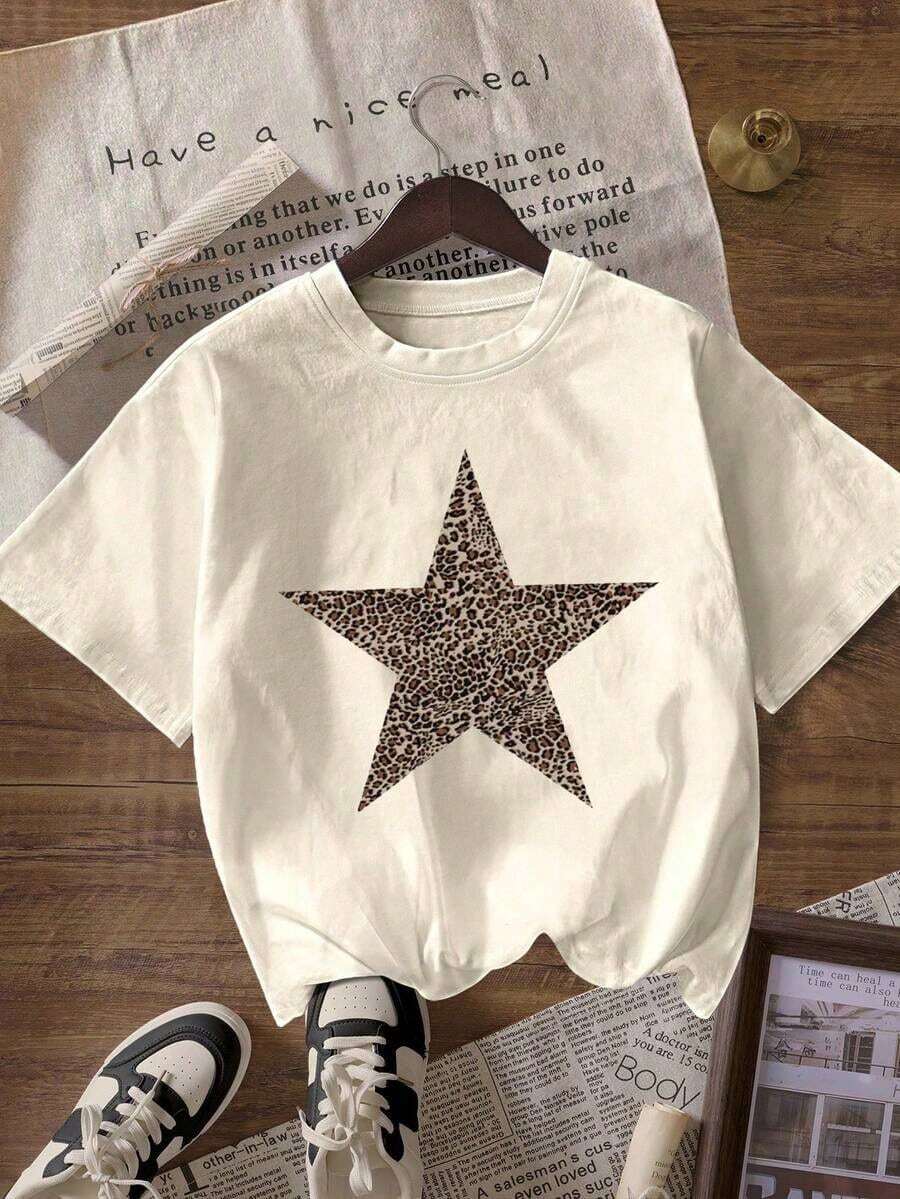 Camiseta de manga corta de cuello redondo con estampado de leopardo y estrella, casual de verano para mujer - Albaricoque - Ver 1