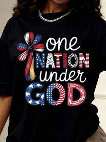 One Nation Under God Patriotic American Flag T-Shirt With Ribbon Design For Independence Day Game Day Mama Celebration USA 4th Of July Apparel - 1 - 查看 2