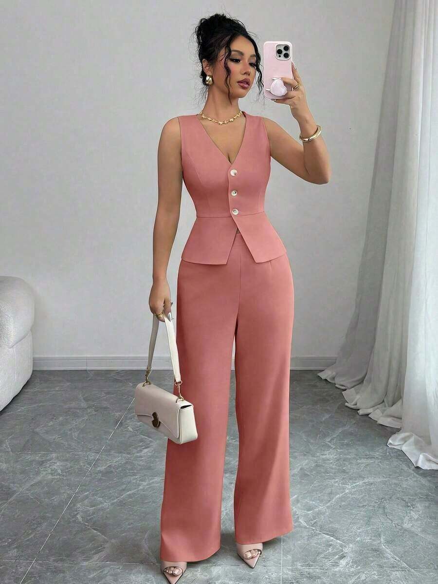 Conjunto de camiseta sin mangas y pantalones elegante para mujer, estilo de oficina y transporte, atuendo de otoño para maestros - Rosa - Ver 1