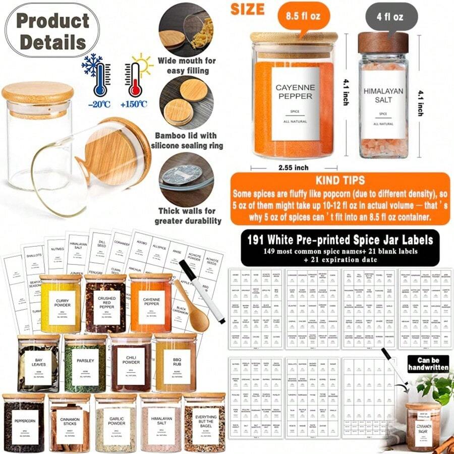 GPOVVIMX 12 Pcs Glass Spice Jars with Bamboo Airtight Lids and 191 Labels - 8.5oz Small Food Storage Containers for Kitchen, Seasoning, Coffee, Herb - Spoon and Marker Included - Juego de tarros de especias - Ver 1