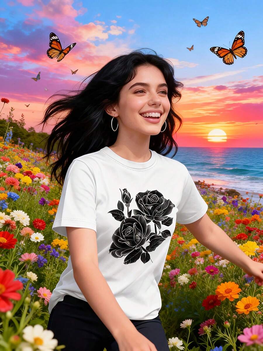 Camiseta casual de manga corta y cuello redondo con estampado floral verde, ropa de primavera/verano para mujer, regalo de cumpleaños, regalo para amigas, regalo para hermanas, camiseta de algodón puro con estampado para mujer. - Blanco - Ver 1