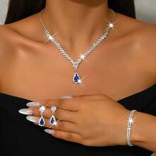 3-delars set med blå kristaller och strasshalsband, örhängen och armband, smyckeset med brudtärna och bröllopsaccessoarer - 734783 Blå örhängen Halsband Armband Set - Visa 5