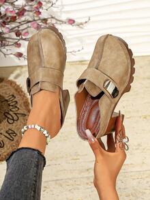 Retro Plateau-Sohle Keilabsatz Pantoletten für Damen, Metall-Schnallen-Dekor Mule Schuhe, bequeme Outdoor Highheels - Khaki - Übersicht 6