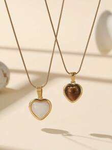 1pc Stainless Steel Golden Heart-Shaped Necklace Inlaid With Tiger Eye And White Gemstone, Adjustable Length, Suitable For Women's Daily Decoration Or Gift - Yellow Gold - View 2