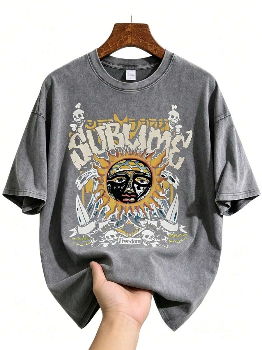 Retro Sun Face Skull Print, Men's T-Shirt, SUBLIM Band Style Free Theme Loose Short Sleeved Shirt - Màu xám 02 - Xem 1