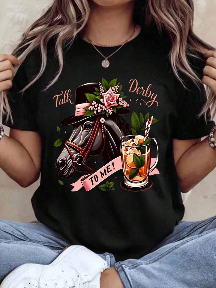 Camiseta "Talk Derby To Me" con diseño de caballo y cóctel para fiesta del Derby de Kentucky, top casual de moda para mujer, atuendo de primavera y verano, 200g, blusas elegantes para dama, tops de mujer - Negro - Ver 1