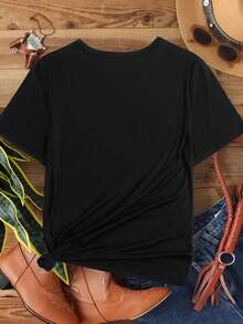 Women's T-Shirt With "Stronger Than The Storm" Print In Turquoise - Stylish Round Neck, Short Sleeves, Breathable Polyester Fiber, Machine Washable, Casual Spring/Summer Top, Women's T-Shirt, Summer Clothing, Bold Text Design, Soft Texture. - 黑色 - 查看 2