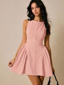 Vestido mini sin mangas con diseño de botones y volantes en el bajo, de unicolor para mujer - Rosa - Ver 7