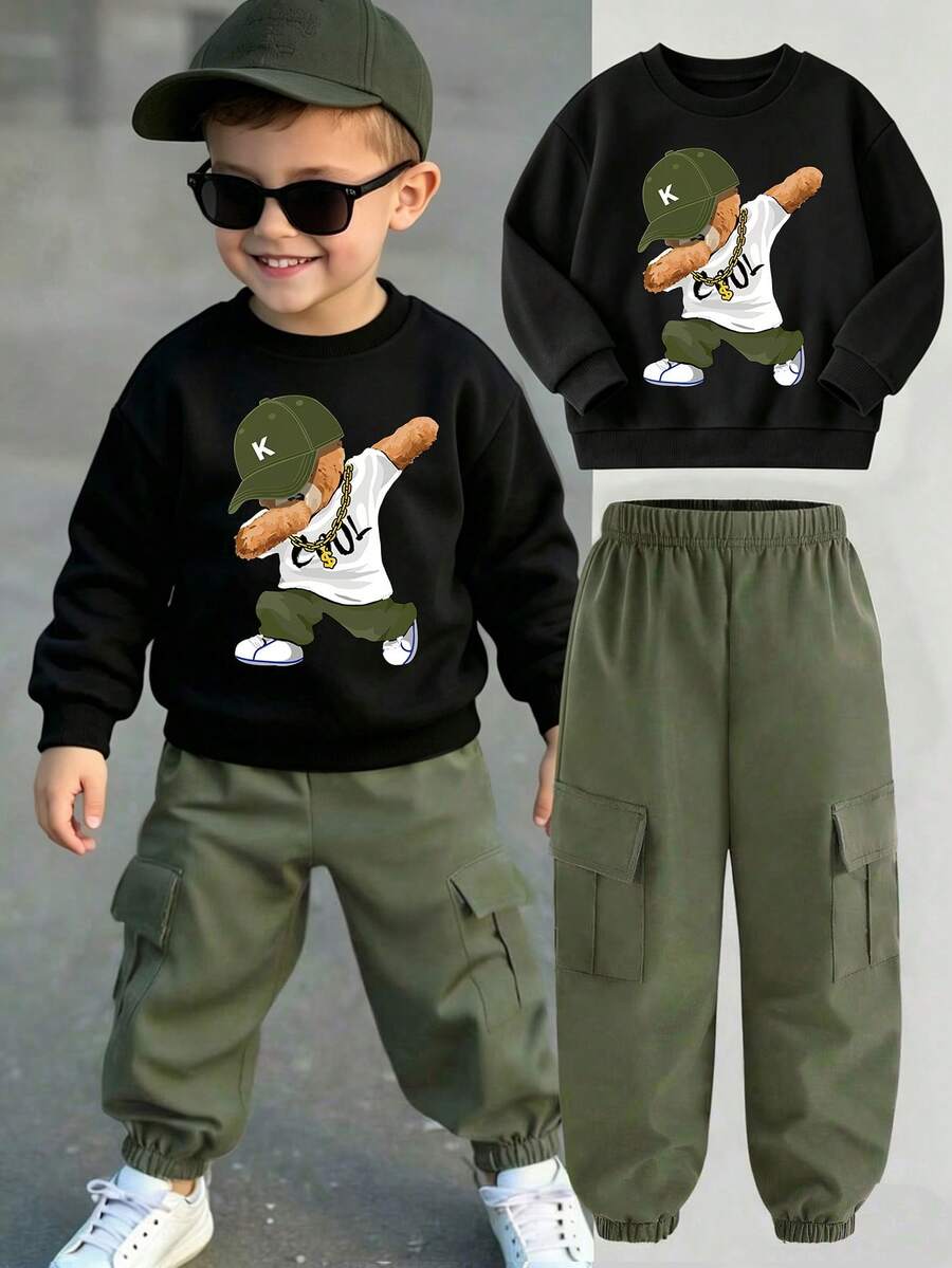 Setelan Atasan Lengan Panjang Leher Bulat dan Celana Kargo Motif Kartun Anak Laki-Laki - Hitam - View 1