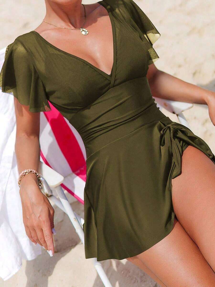Swim Lushoire Vestido de traje de baño de una pieza con cuello en V, mangas con volantes, parches de malla y unicolor, nuevo lanzamiento de verano para mujeres - Verde militar - Ver 1