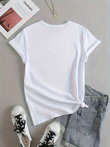 Women's Short-Sleeved Cotton T-Shirt With Heart And Love Print For Valentine's Day, Round Neck, Short-Sleeved Sports T-Shirt For Training And Running, Women's Sportswear With Graphic Print. - 白色 - 查看 2