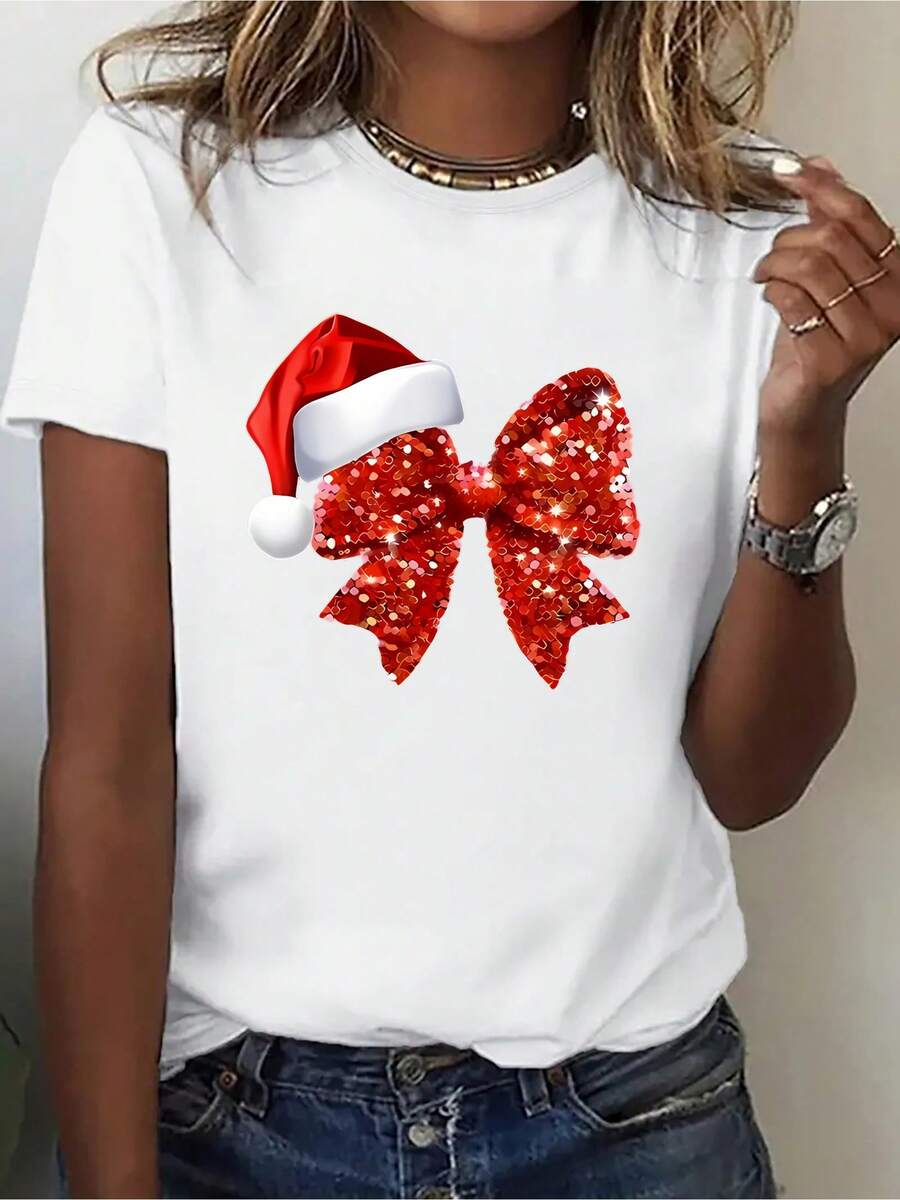 Women's Short-Sleeved Cotton T-Shirt With Bow And Christmas Hat Print - Casual Sporty Round Neck Short-Sleeved Blouse - Soft And Stretchy Fabric Suitable For All Seasons And As A Layering Piece - Comfortable And Machine Washable Top. - 白色 - 查看 1