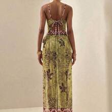 Sexy Multicolor Plants Pattern Fabric Sheer Long Dress With Spaghetti Strap For Women - Multicolor - Ver 3