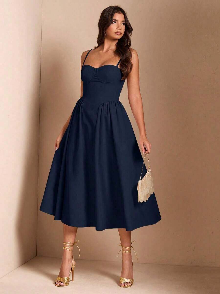 Elegante vestido largo sin mangas con manga abultada para mujer, adecuado para citas diarias, salidas, discotecas, fiestas, temporada de otoño - Azul marino - Ver 1