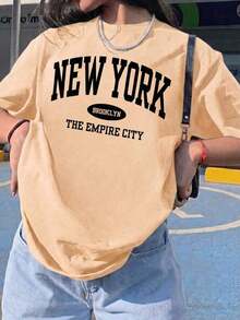 Camiseta Casual de Mujer con Estampado Gráfico de Nueva York, Cuello Redondo y Manga Corta, Corte Regular, de Poliéster con Ligera Elasticidad para Estilo Urbano, blusas para mujer, playeras de mujer, blusas casuales para dama - Blanco - Ver 9