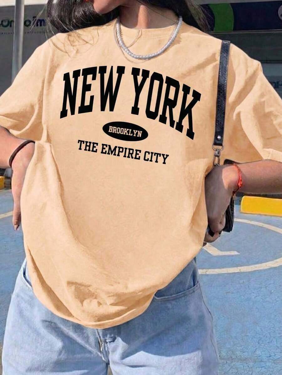 Women's Casual T-Shirt With New York Graphic Print, Round Neck And Short Sleeve, Regular Fit With Slight Elasticity For Urban Style (Cool Style, Sweet Style, Unisex) - 杏 - 查看 1