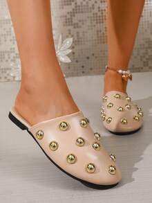 Vintage Rivet Backless Mules Women Shoes, Flat Slip-On Punk Style Comfortable Versatile Outdoor Slippers - Apricot - View 5