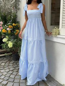 Vestido largo con correa de espagueti de cintura alta, escote cuadrado, sin mangas y espalda descubierta con cordón, a rayas azules, de estilo sexy y de vacaciones, para primavera/verano - Azul - Ver 5
